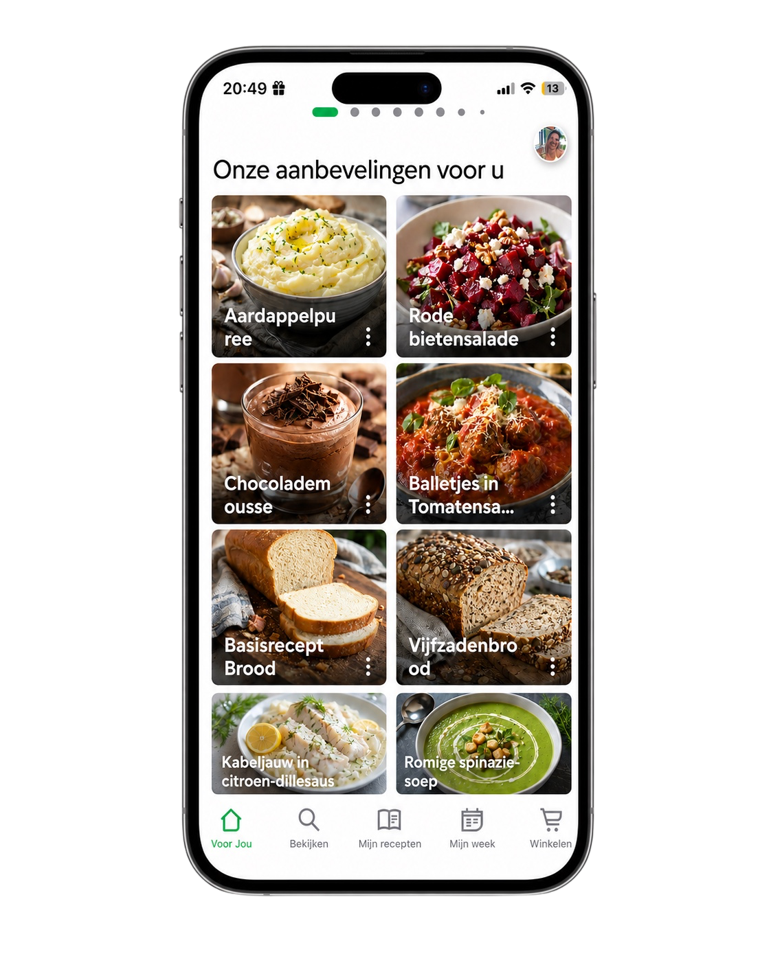 Cookidoo-app op een iPhone met het receptenoverzicht Onze aanbevelingen voor u